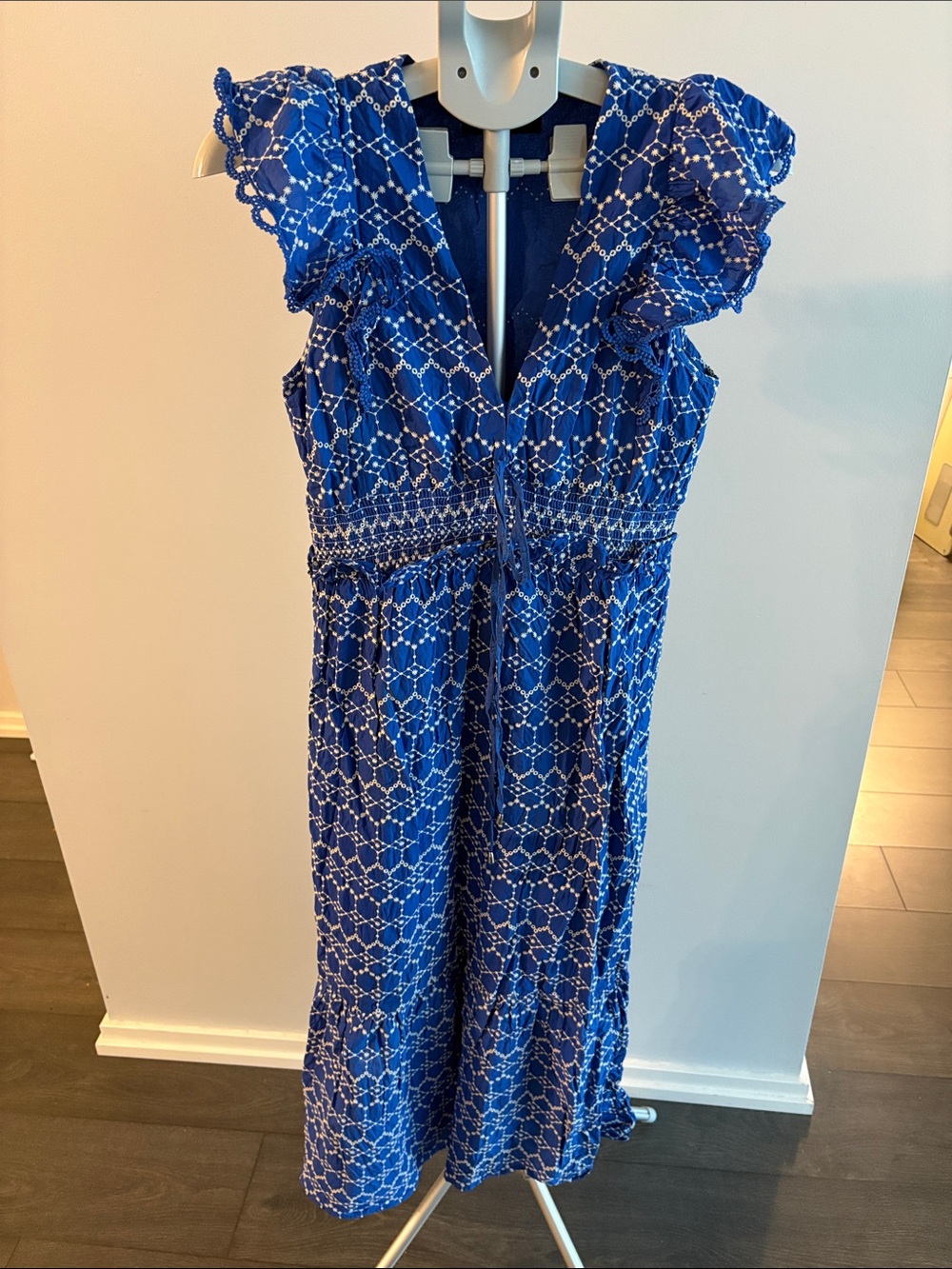 Blue Printed Ruffle Sleeve Midi Dress